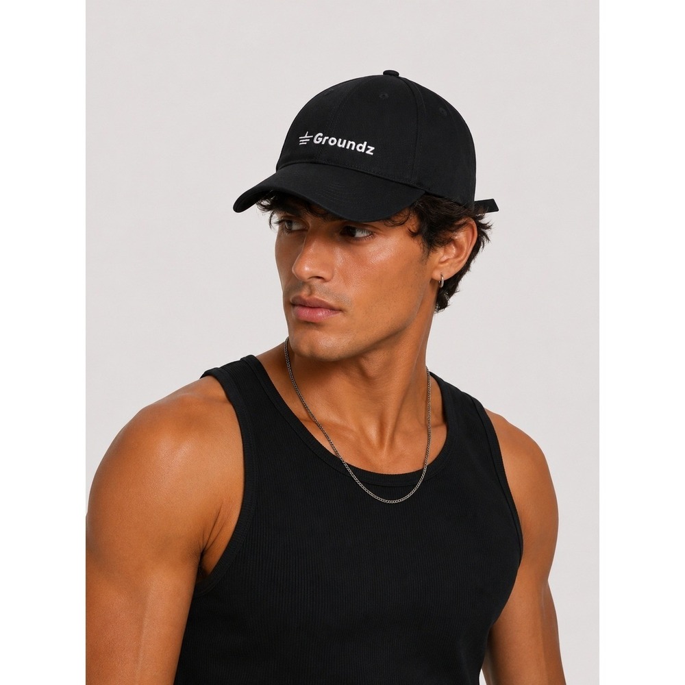 Groundz Mens Black Cotton Embroidered Logo Baseball Cap Snapback Hat New